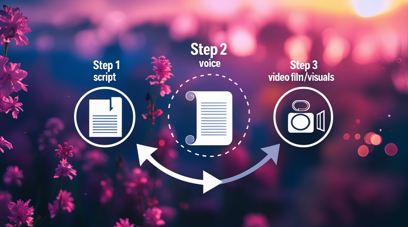 An infographic showing the 3-step blueprint to create faceless videos with AI: Script, Voice, and Visuals.create professional videos with AI