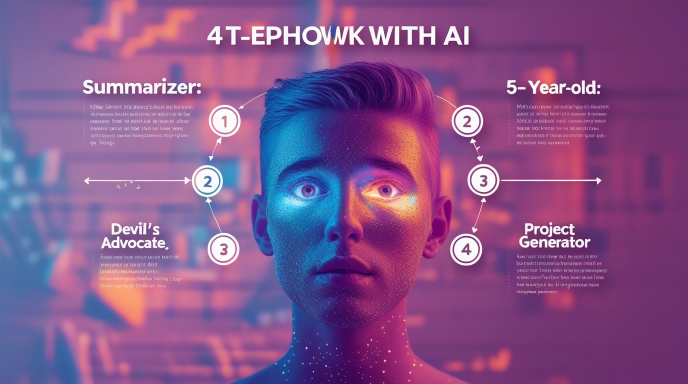 An infographic showing the 4-step framework to learn faster with AI: Summarizer, 5-Year-Old explanation, Devil's Advocate, and Project Generator. learn anything 10x faster with ai