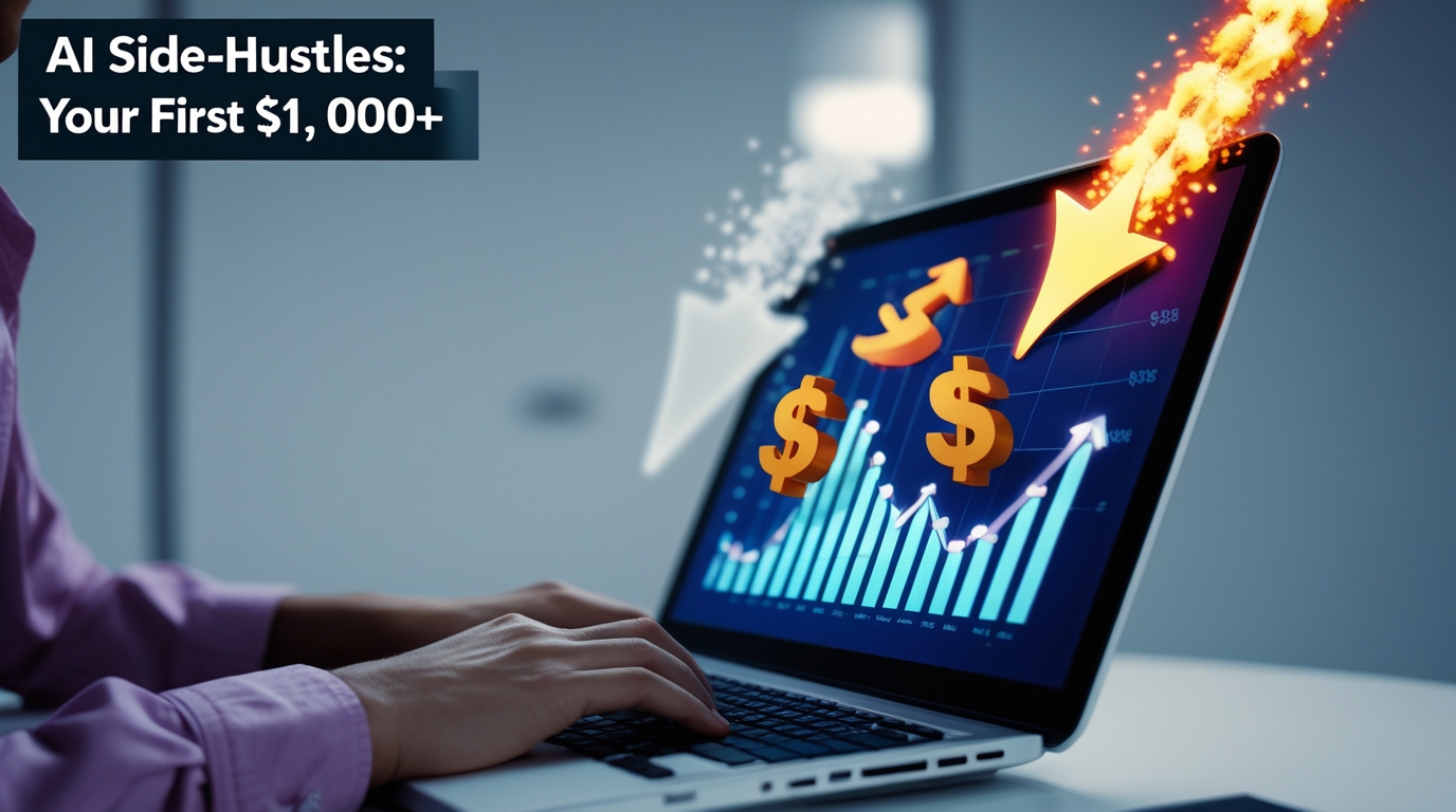A professional working on a laptop, illustrating how to make a first $1,000 with AI side-hustles.