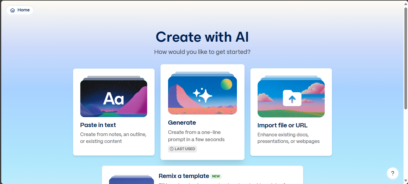 A screenshot of the Gamma.app dashboard, showing the 'Create New AI' button for making AI presentations. for create presentation using AI
