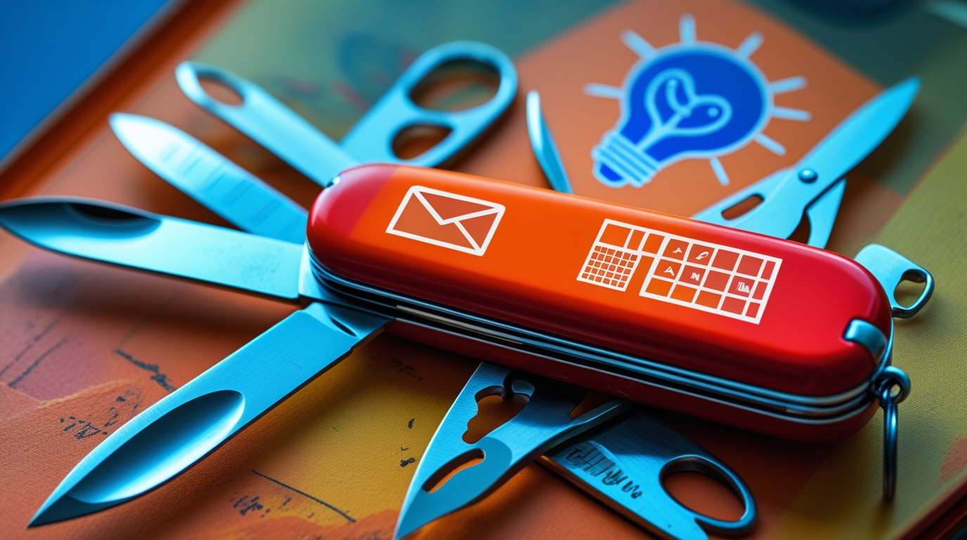 A Swiss Army Knife with AI icons instead of tools, symbolizing how AI can be a multipurpose tool for automating everyday tasks.