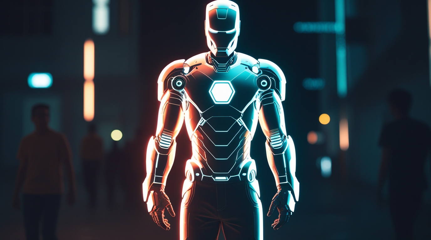 A silhouette of a professional with a holographic Iron Man-style suit overlay, symbolizing how AI can amplify a person's abilities and career.