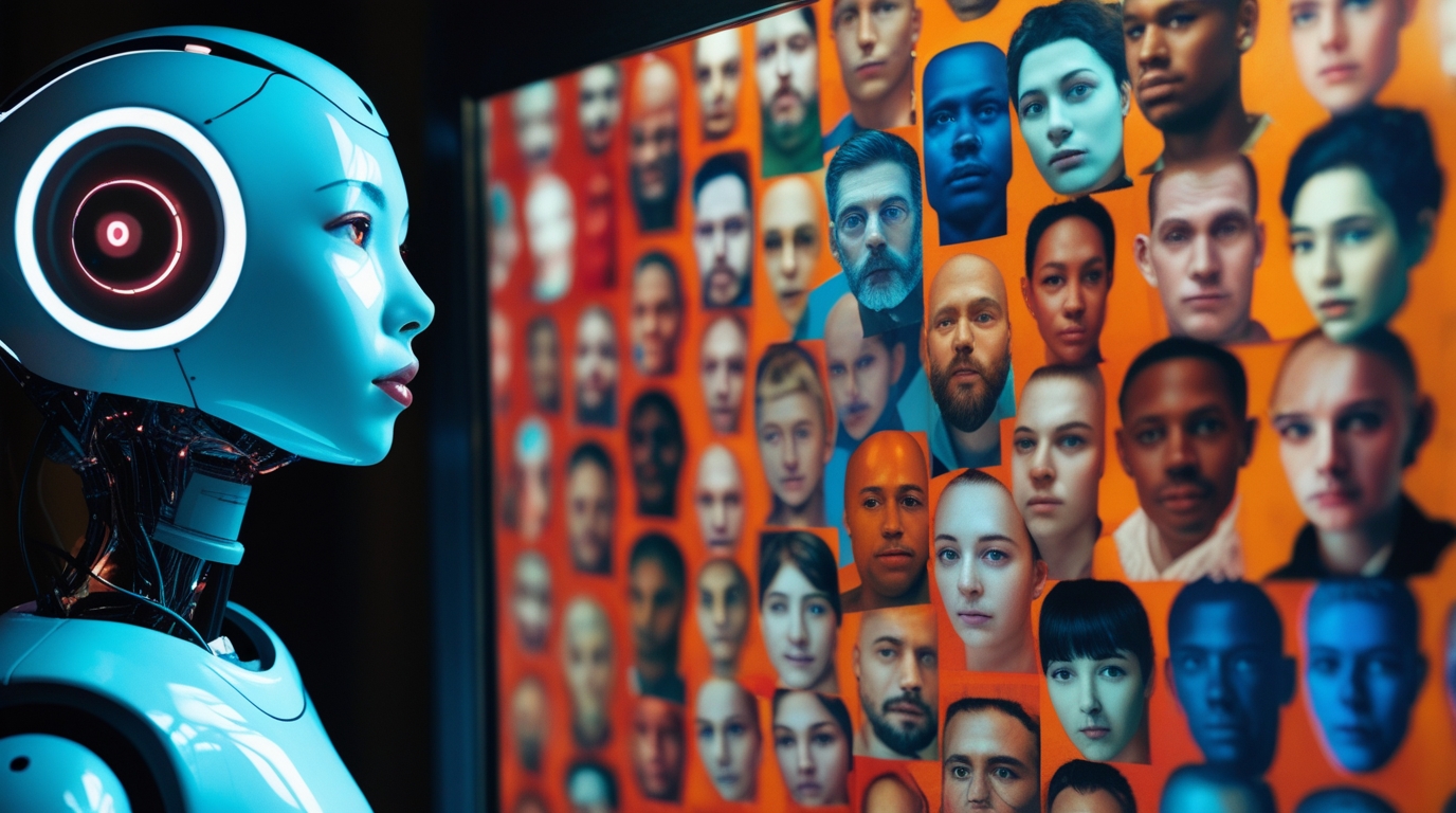 An AI robot looking in a mirror and seeing a reflection of its human training data, illustrating the concept of AI bias.biggest myths about AI