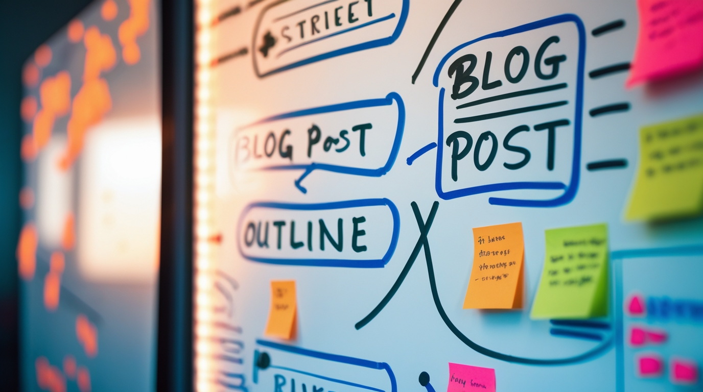 A detailed mind map and outline for a blog post on a whiteboard, representing the blueprint phase of writing with AI. write blog post with ai