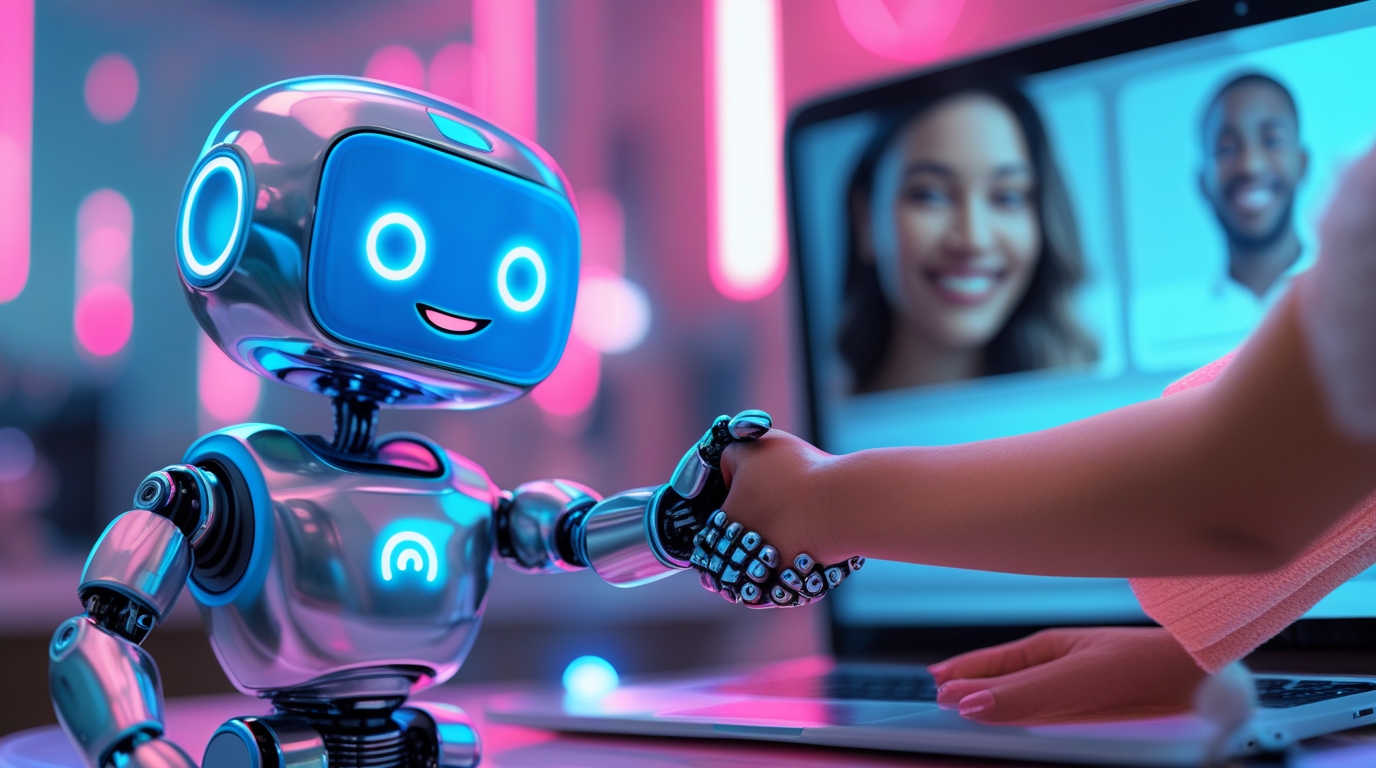 A friendly AI chatbot shaking hands with a customer, representing a 24/7 AI salesperson for a small business.