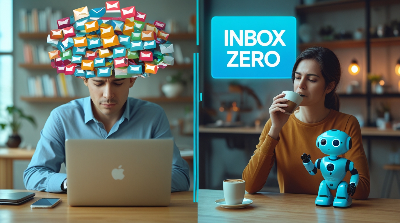 A before-and-after image showing a stressed person with a messy inbox versus a relaxed person with a clear inbox, thanks to an AI email productivity system.