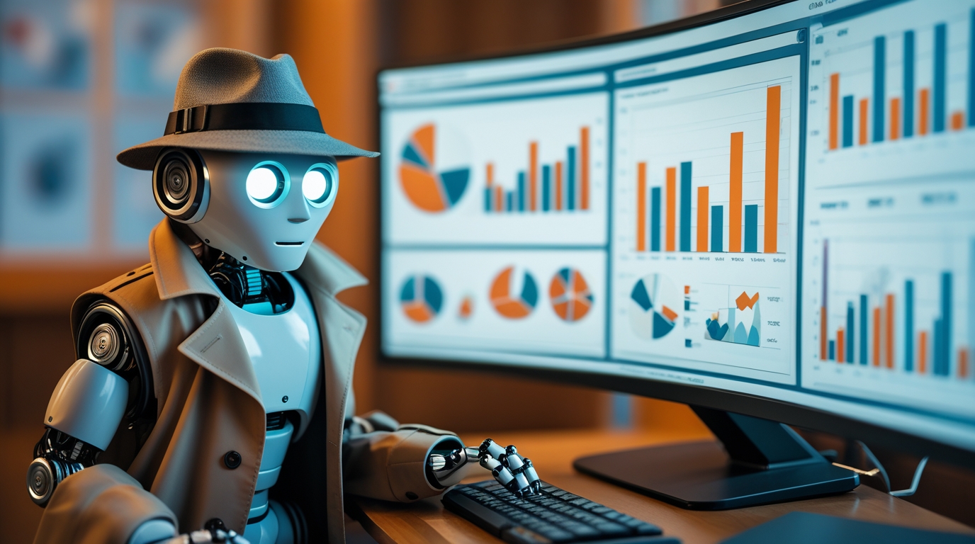 A cartoon robot acting as a spy to perform competitor analysis for SEO, looking at data on a screen. AI for SEO