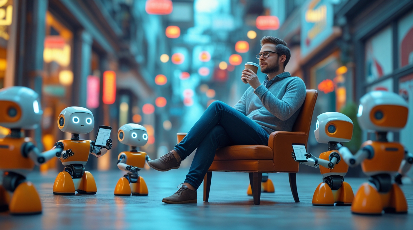 A content creator relaxing while small robots automate content creation, illustrating the power of AI. AI marketing trends