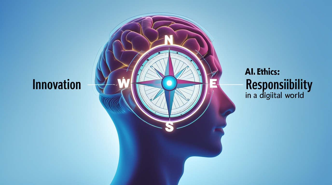 A graphic showing a human head with a glowing compass inside, symbolizing the concept of AI ethics as a moral compass for responsibility and innovation.