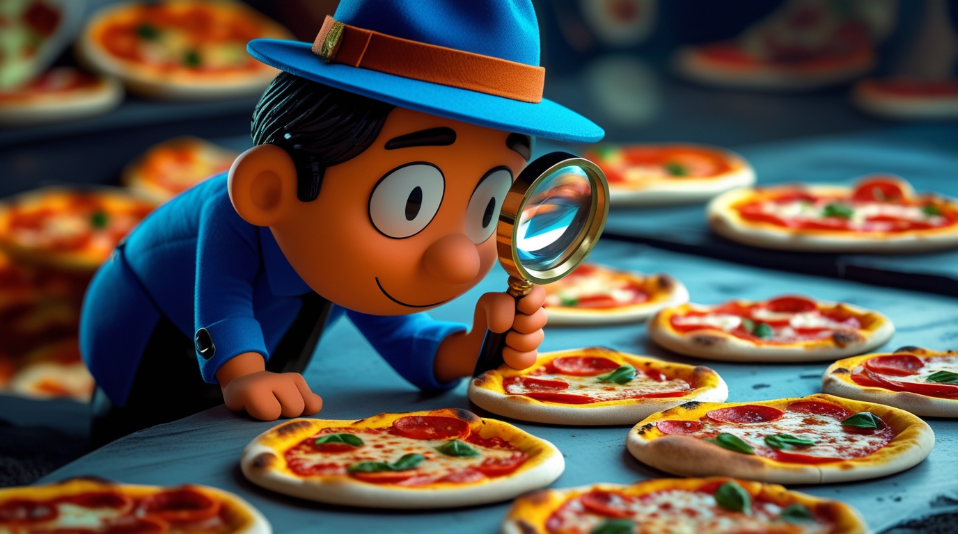 A cartoon detective finding patterns in pizzas, symbolizing how AI finds patterns in data. how AI actually thinks