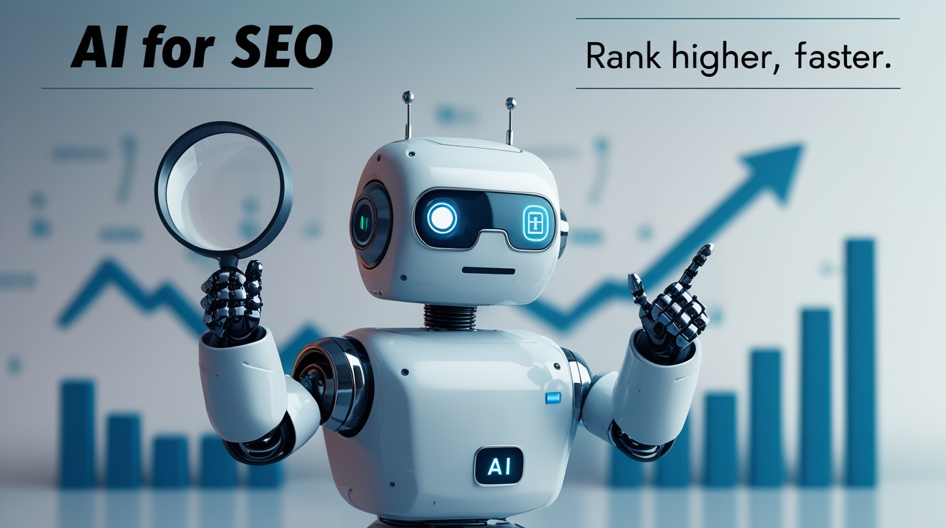 An illustration of a robot (AI) helping with SEO tasks like research and analysis to rank higher on Google.