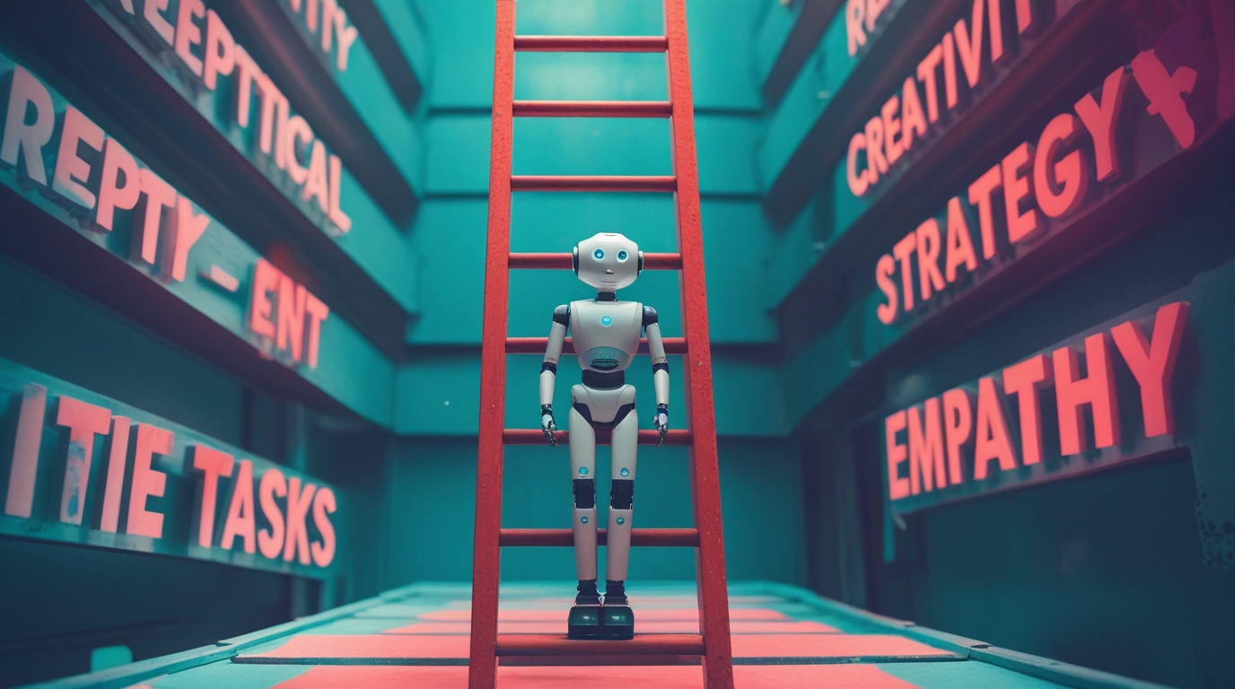 An image of a ladder showing how AI handles repetitive tasks, allowing humans to focus on higher-level skills like creativity and strategy.