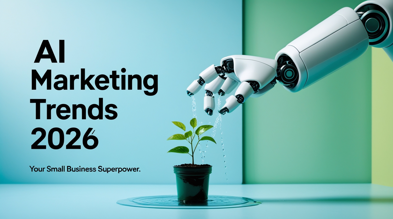 A robotic hand watering a small plant, symbolizing the growth of a small business through AI marketing trends in 2026