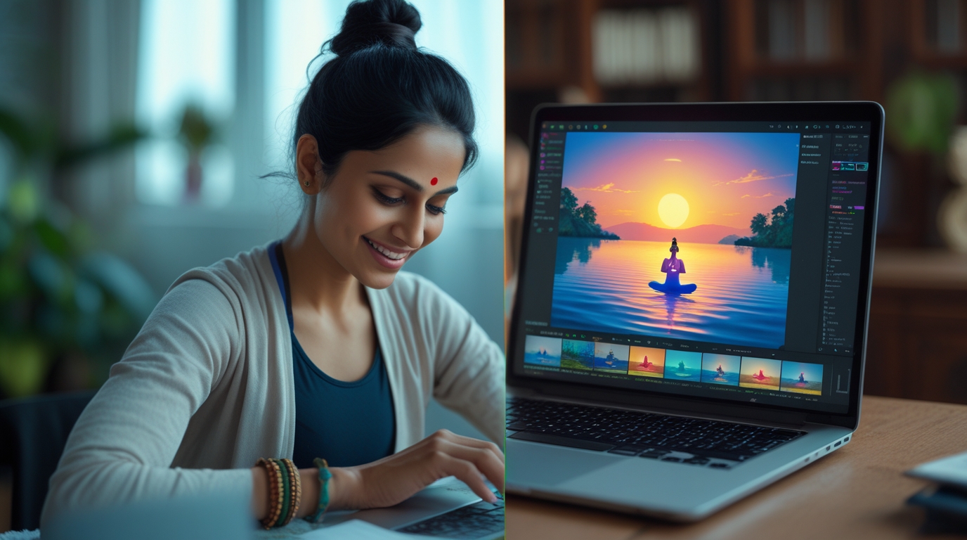 A case study image showing a yoga instructor happily creating a professional faceless video about yoga using AI tools on her laptop