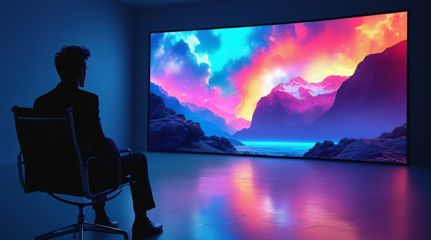 A silhouetted figure sits in a director's chair, creating a beautiful video on a glowing screen using AI, symbolizing faceless content creation.