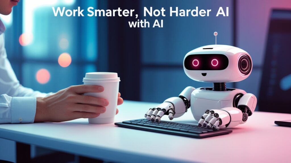 A person relaxing while an AI robot arm automates boring office tasks, symbolizing how to save time and work smarter with AI.