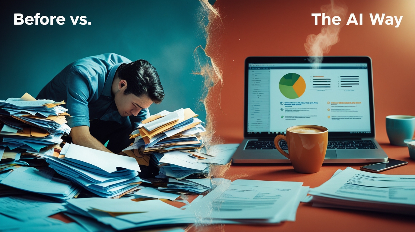 A before and after image showing a stressed person with messy notes versus a relaxed person with a clean AI-generated summary on their laptop.