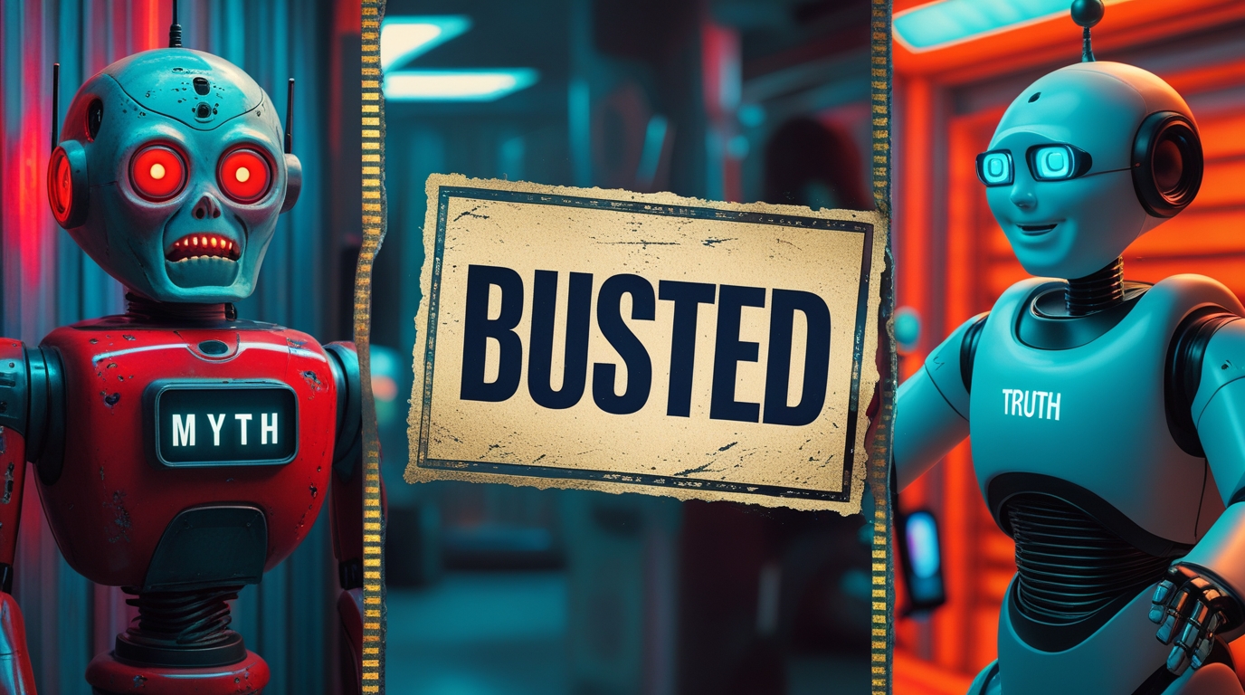 An image busting the biggest myths about AI, showing the myth of a scary robot versus the truth of a helpful AI assistant.