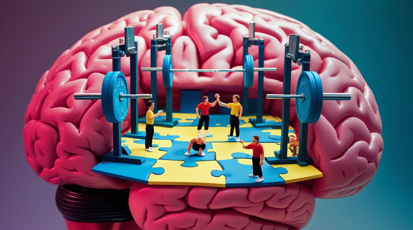 A fun illustration of a brain depicted as a gym, showing people exercising inside to represent a mental workout for developing critical thinking. skill for the AI age