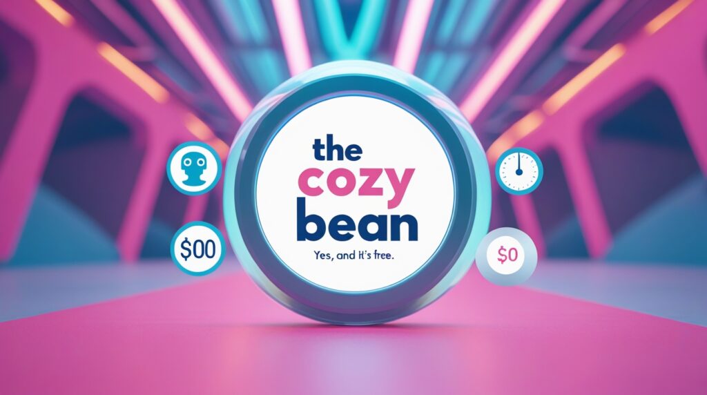 A professional logo for "The Cozy Bean" coffee shop, created with AI, surrounded by icons for speed and zero cost, illustrating a case study.