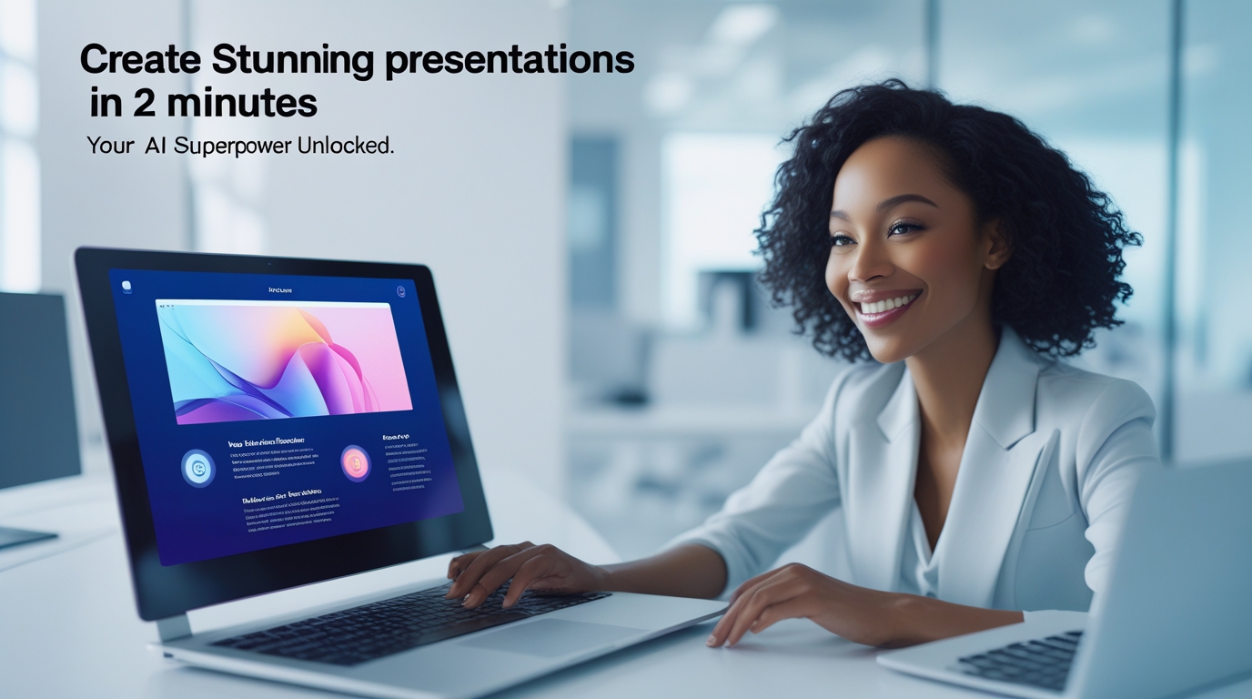 A confident professional creating a stunning presentation in minutes using an AI tool on their laptop.