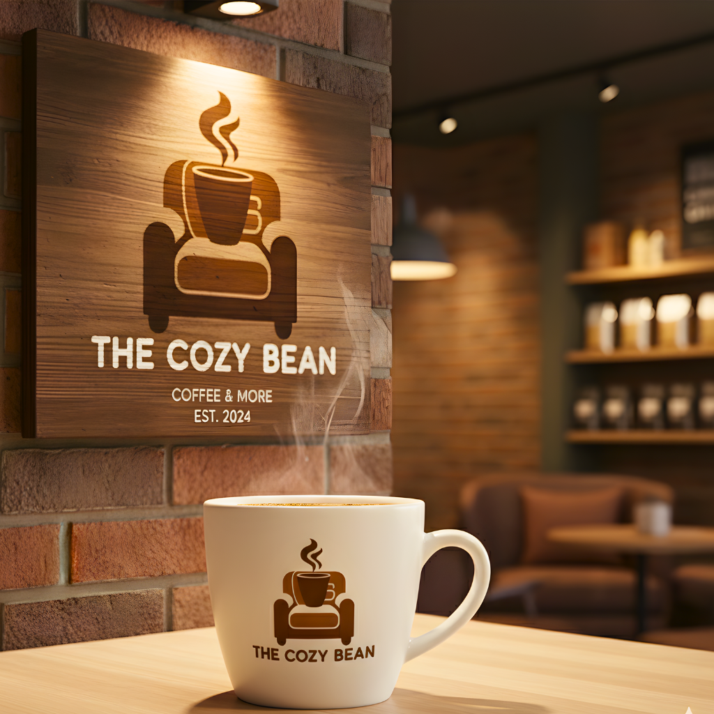 The final professional logo for "The Cozy Bean" coffee shop, created with AI and displayed on a coffee cup mockup. how i Created a Professional Logo with AI free.