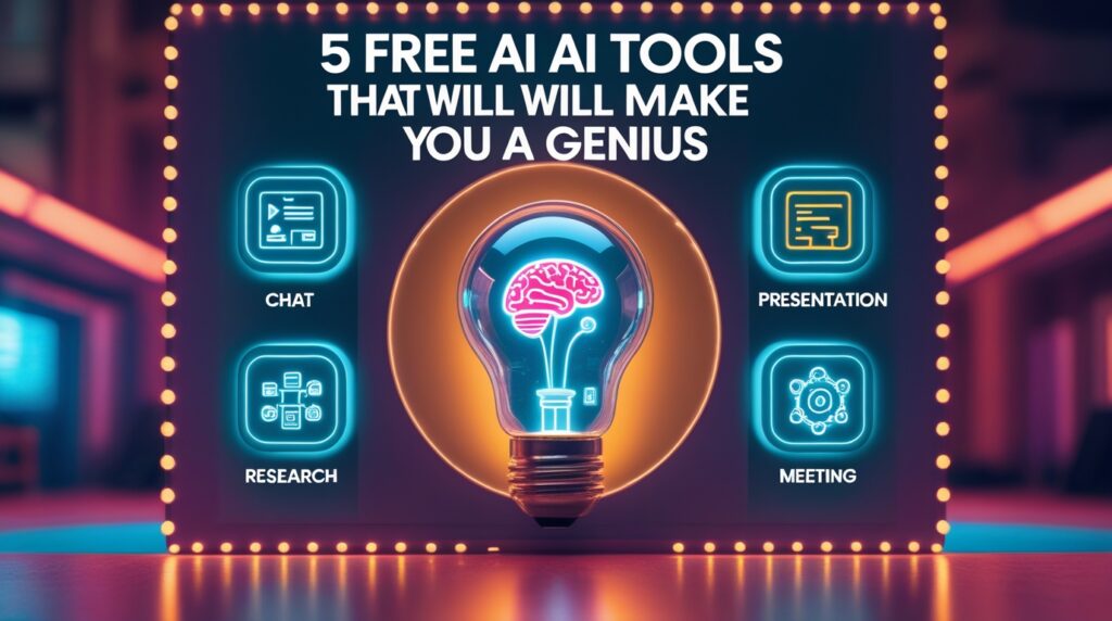 A graphic showcasing 5 free AI tools with a lightbulb containing an AI brain, symbolizing how these tools can make you feel like a genius.