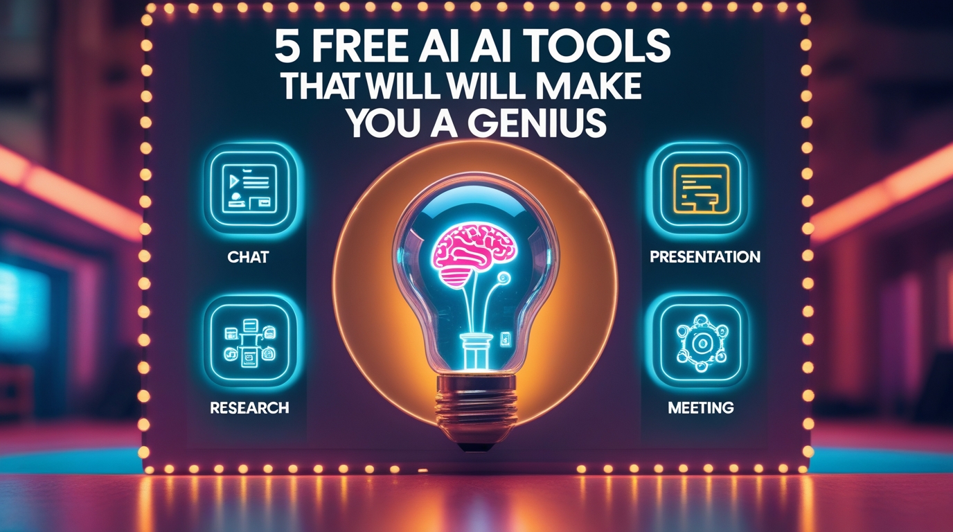 A graphic showcasing 5 free AI tools with a lightbulb containing an AI brain, symbolizing how these tools can make you feel like a genius.