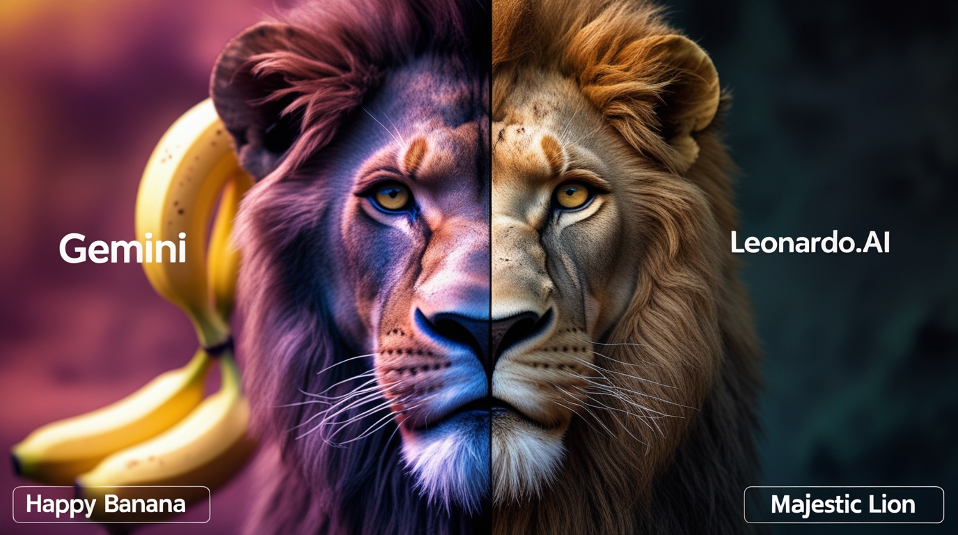 A split-screen comparison of the Gemini AI and Leonardo.ai interfaces, showing how both free AI tools can generate vastly different styles of images from text.
