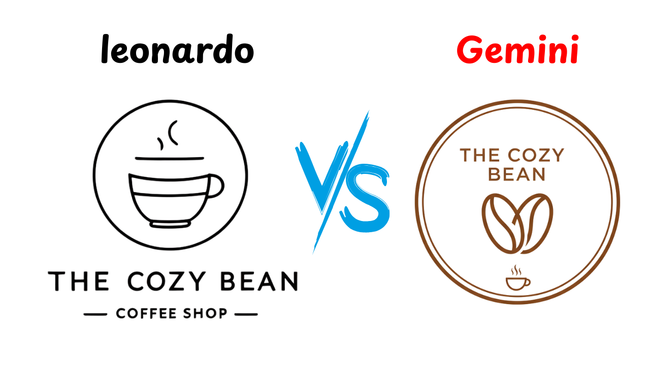 A side-by-side comparison of AI logo results from Google Gemini and Leonardo.AI for a coffee shop.