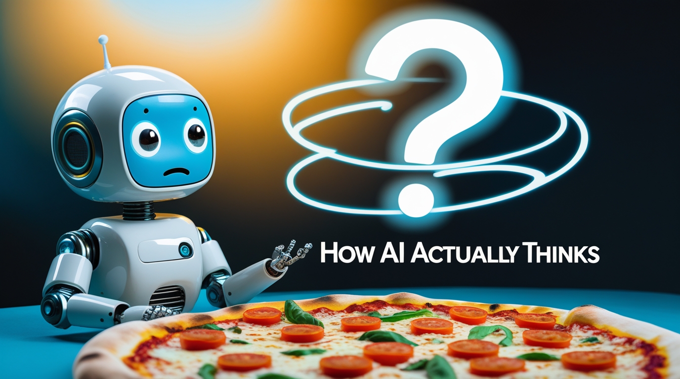 A friendly robot looking confused at a pizza, illustrating a simple explanation of how AI actually thinks.