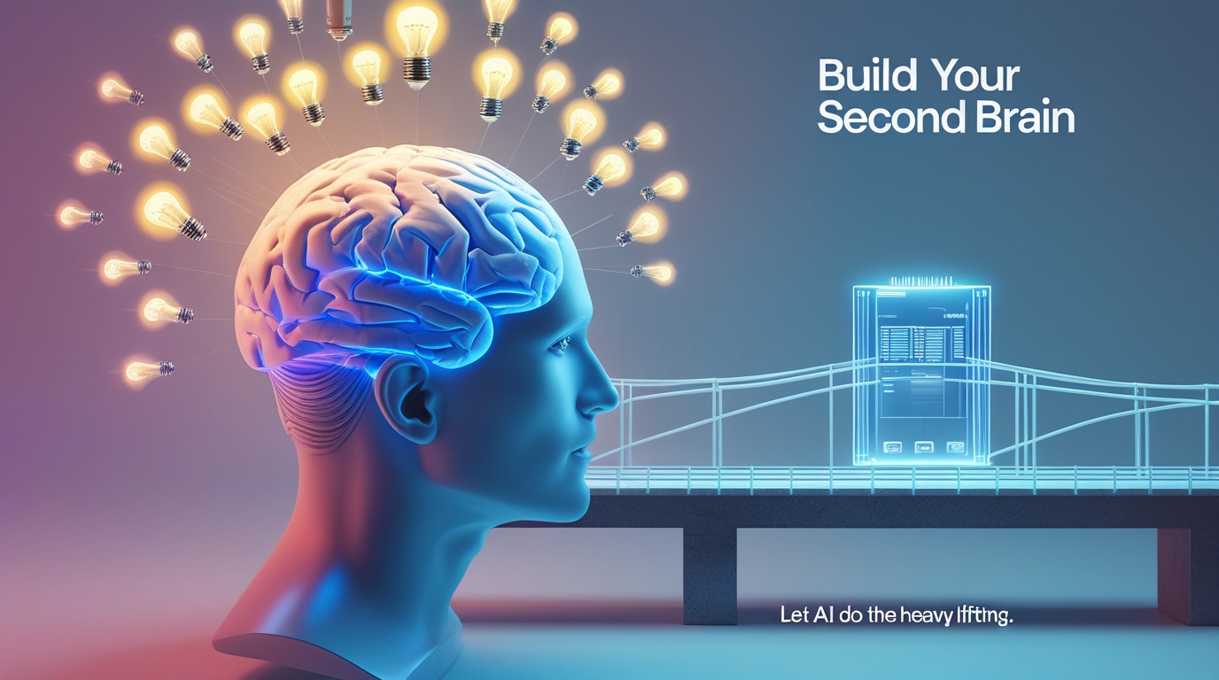 A graphic showing ideas flowing from a human brain to a digital interface, illustrating the concept of building a second brain with AI.