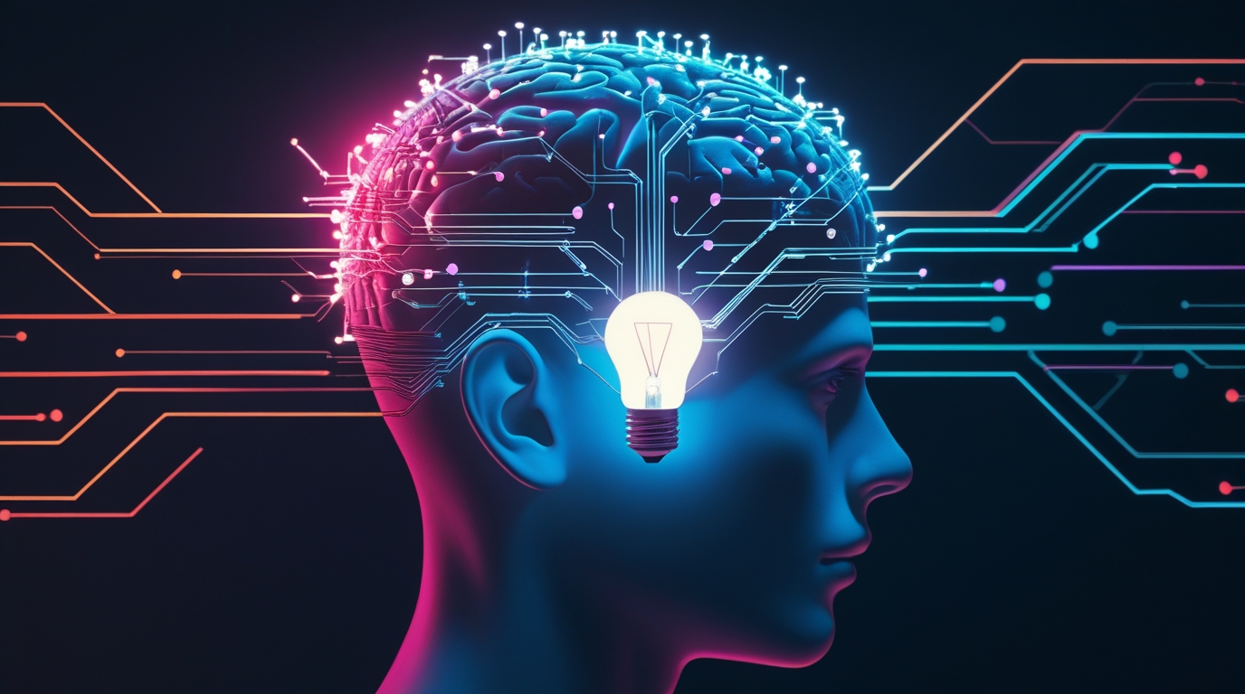 A person's head with glowing AI circuits inside, symbolizing how to learn faster with AI using a proven framework.