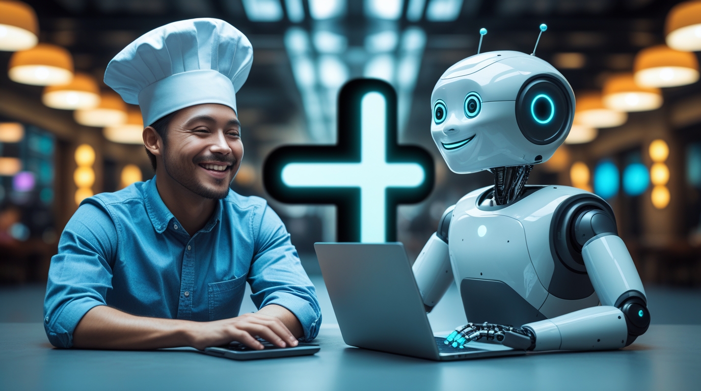 A human chef and a robot intern collaborating to write a blog post, illustrating the system for how to write a blog post with AI.