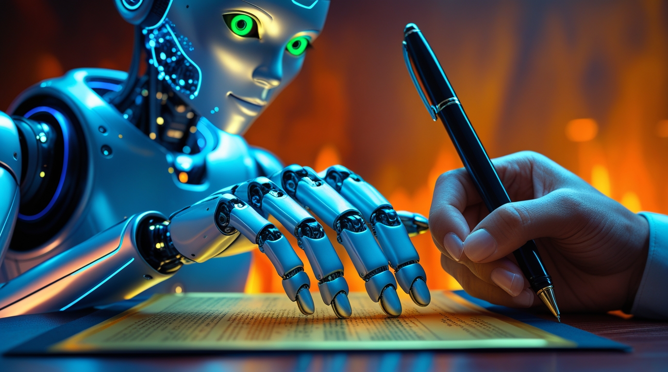 An image illustrating human-AI collaboration, where a person adds the final human touch to an AI-generated document. AI to summarize