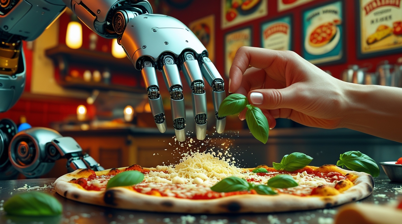 A human hand and a robot hand working together to make a pizza, illustrating the concept of human and AI collaboration.