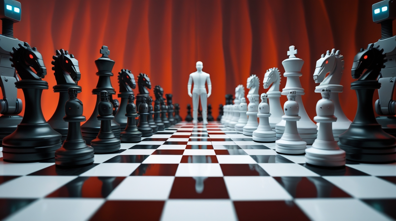 A chess board with an army of robot pawns facing a single human king, symbolizing the power of human strategy and critical thinking over AI's hard skills.