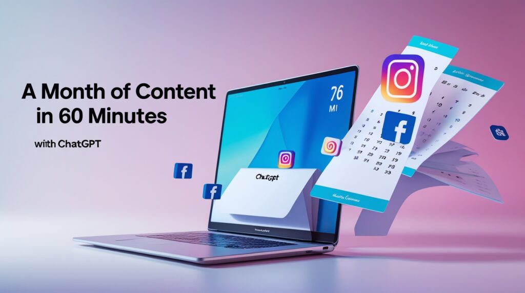 A conceptual image showing a laptop with the ChatGPT logo generating a full month's social media content calendar, illustrating the blog post's topic.