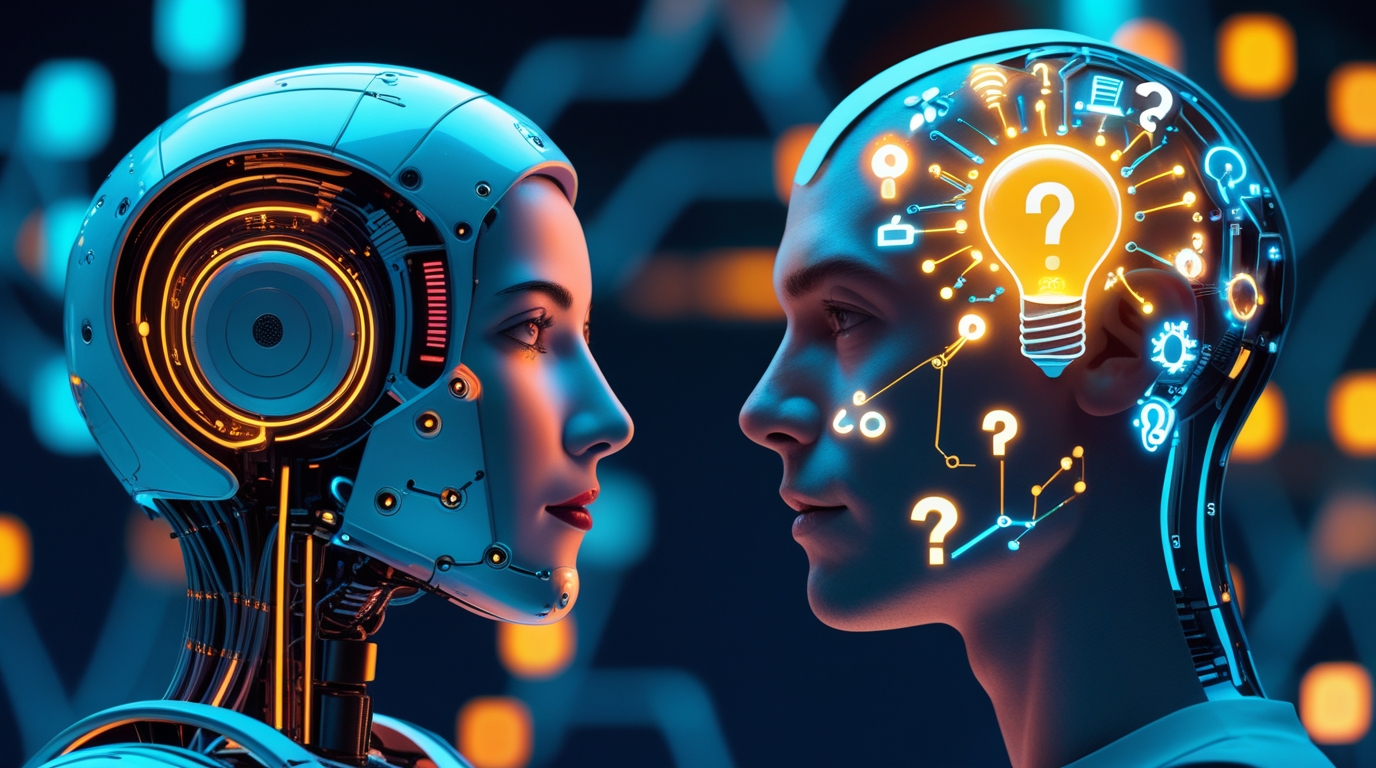 An illustration showing a human head with a lightbulb versus a robot head with circuits, symbolizing the most important skill for the AI age: critical thinking.