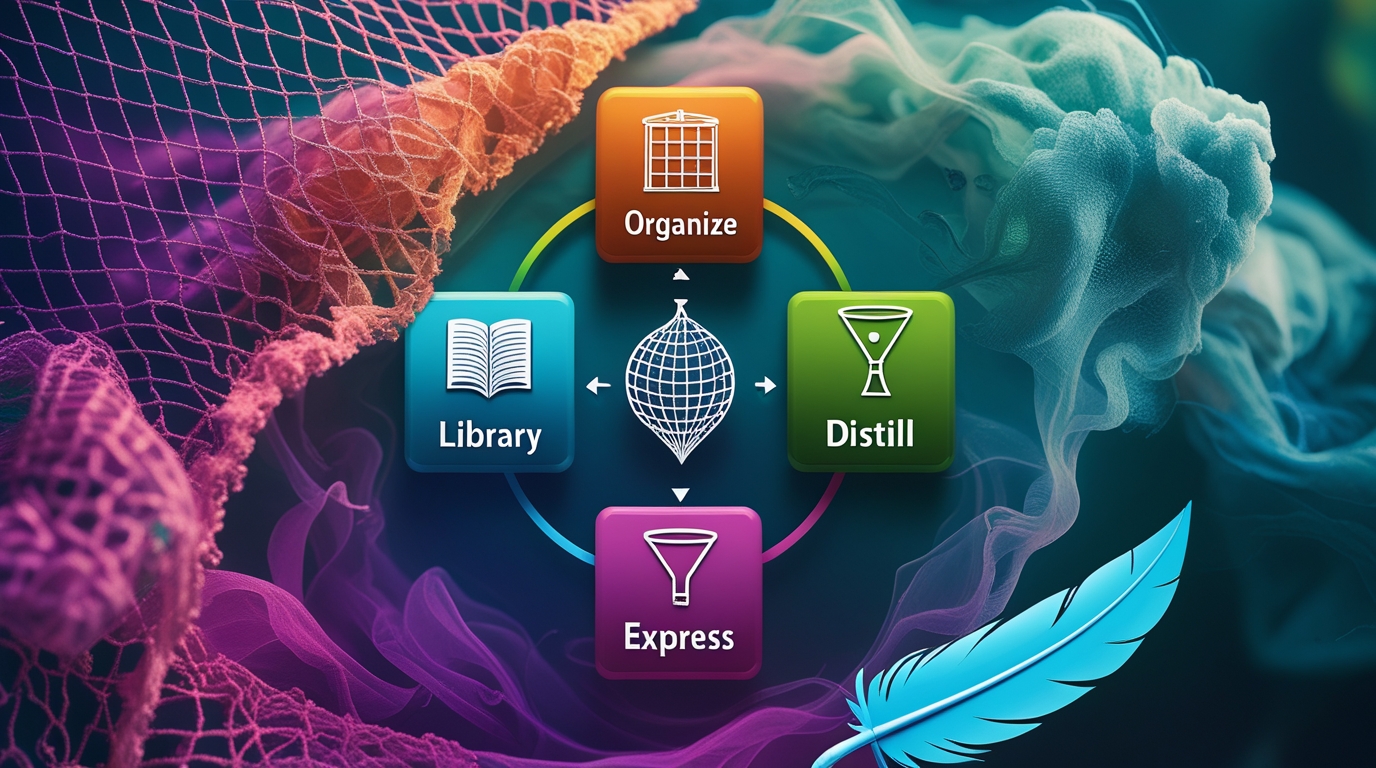 A flowchart illustrating the C.O.D.E. method (Capture, Organize, Distill, Express) for building a second brain..build a second brain