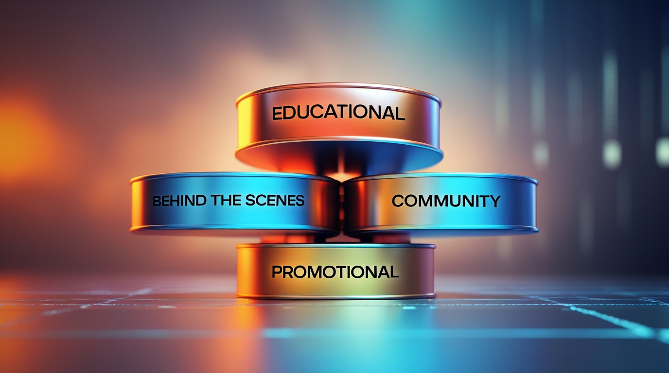 A diagram showing the four content pillars for a social media strategy: Educational, Behind the Scenes, Community, and Promotional. for social media content with chatgpt 