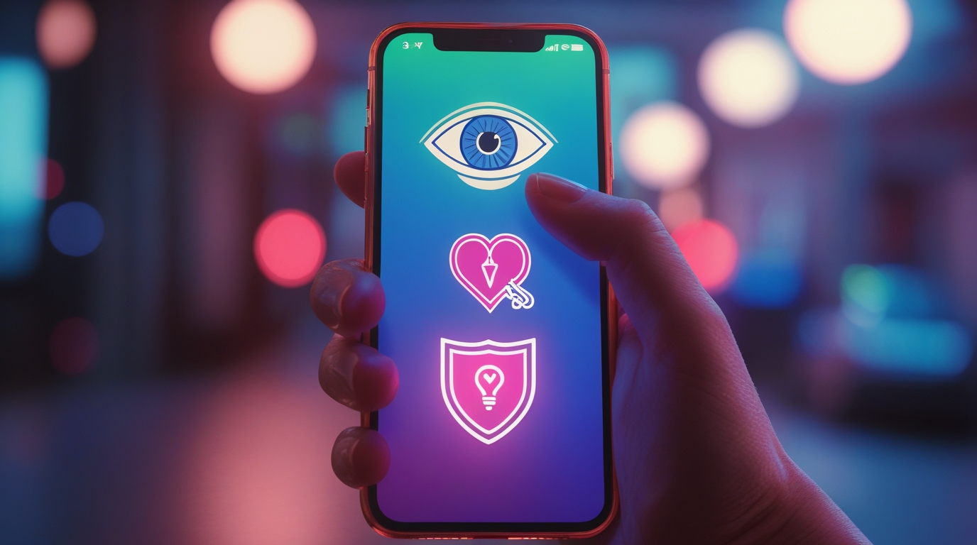 A smartphone screen showing three icons representing the core questions of AI ethics: transparency (eye), no harm (protected heart), and originality (light bulb).AI ethics