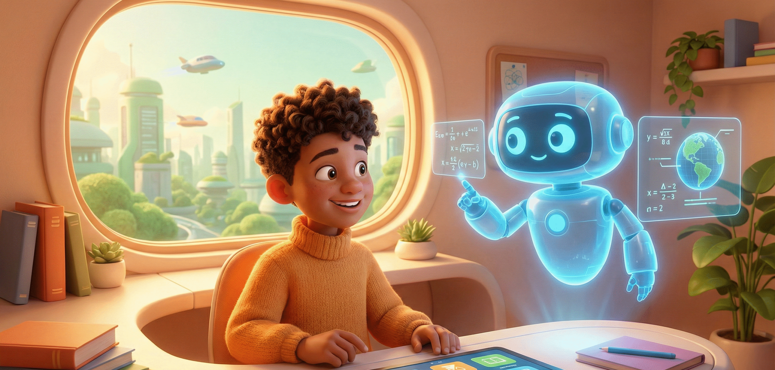 Student studying with a friendly AI robot tutor