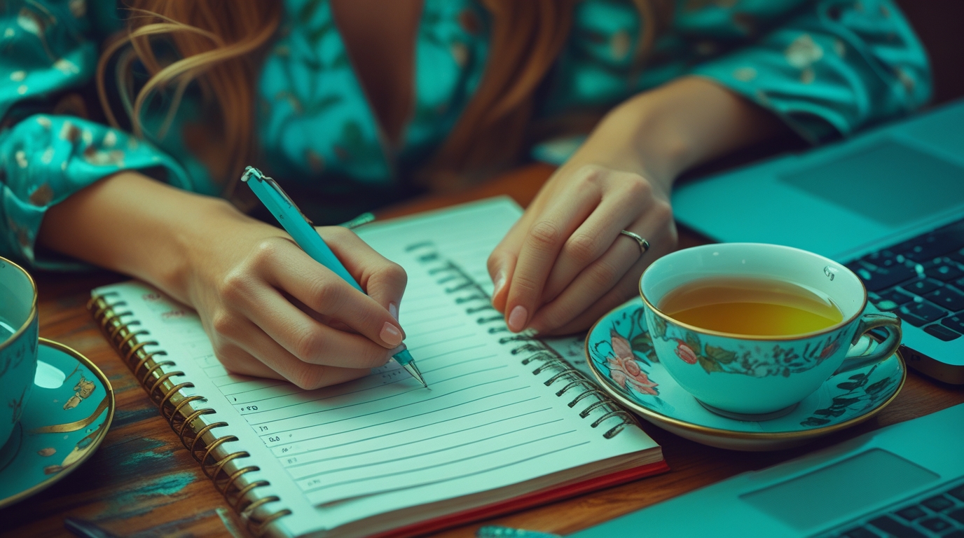 A woman's hands writing an action plan in a diary to start her AI freelancing journey from home, with a laptop and a cup of tea nearby. AI side hustles for housewives