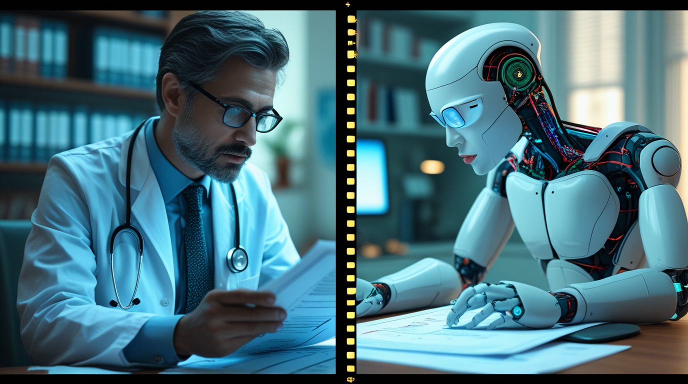 An AI co-pilot assisting a doctor by analyzing medical data, showing a practical example of AI and human collaboration.