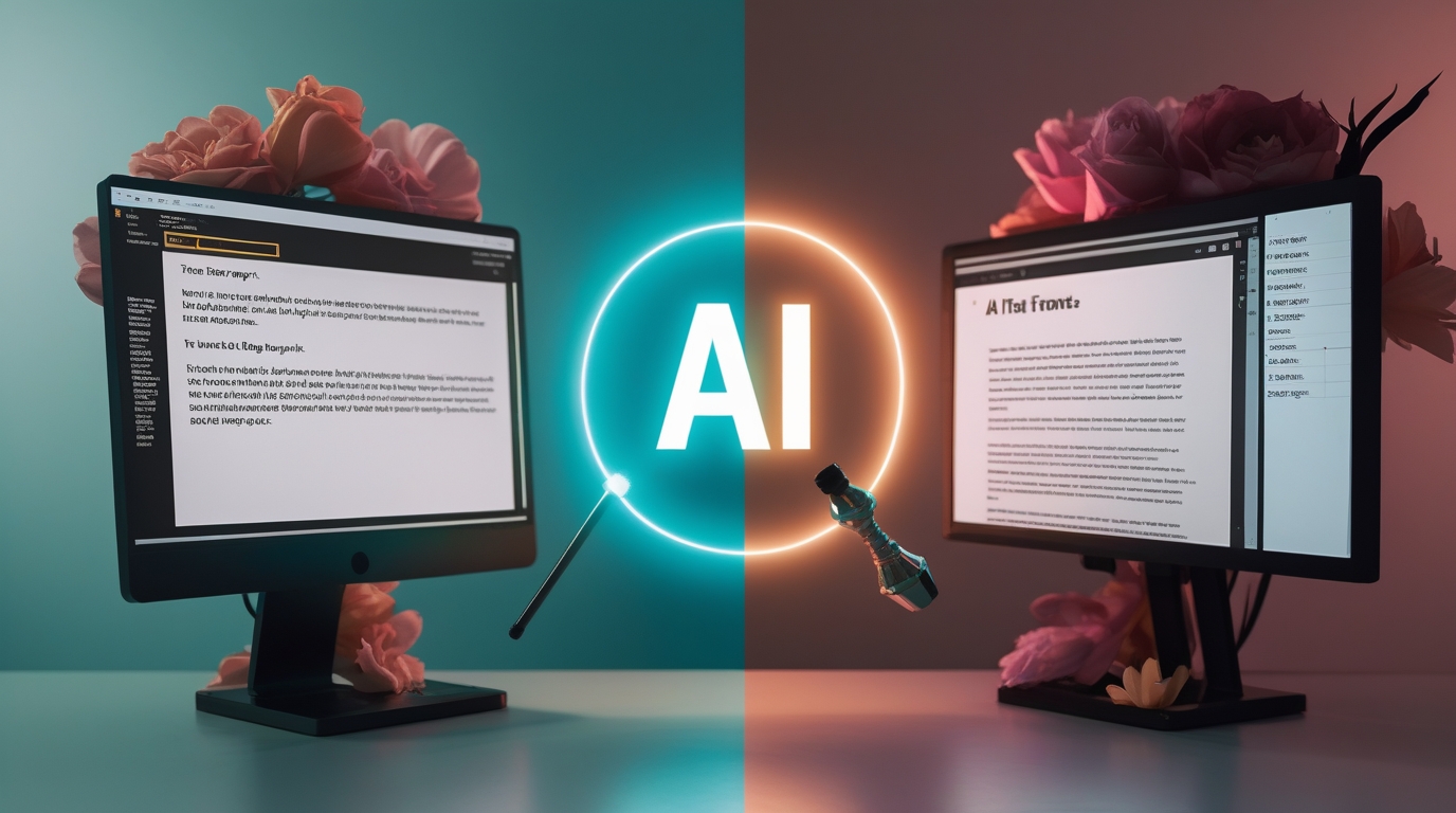 An illustration showing a simple text prompt being transformed into a full blog post by an AI magic wand, demonstrating AI content creation.