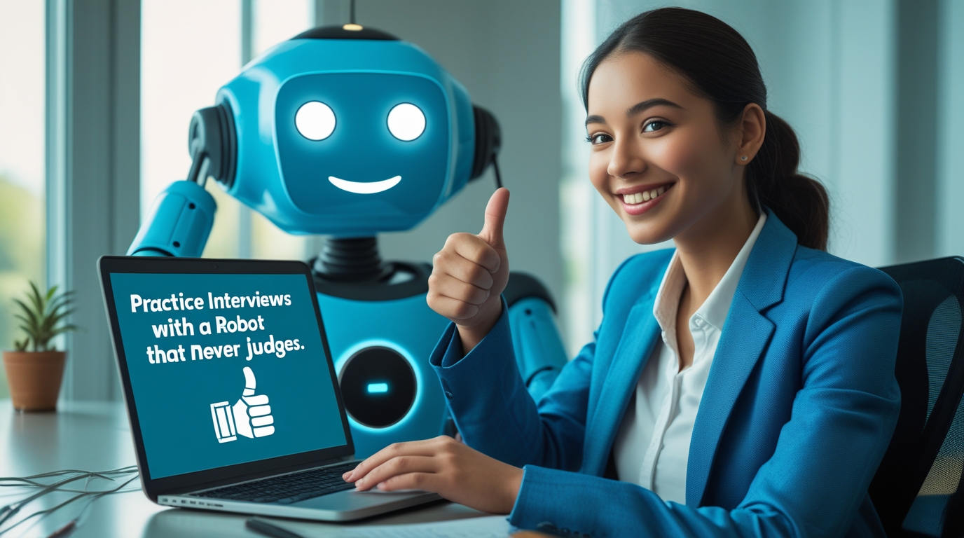 A young professional practicing for a job interview with an AI mock interview tool on their laptop, feeling confident and prepared.