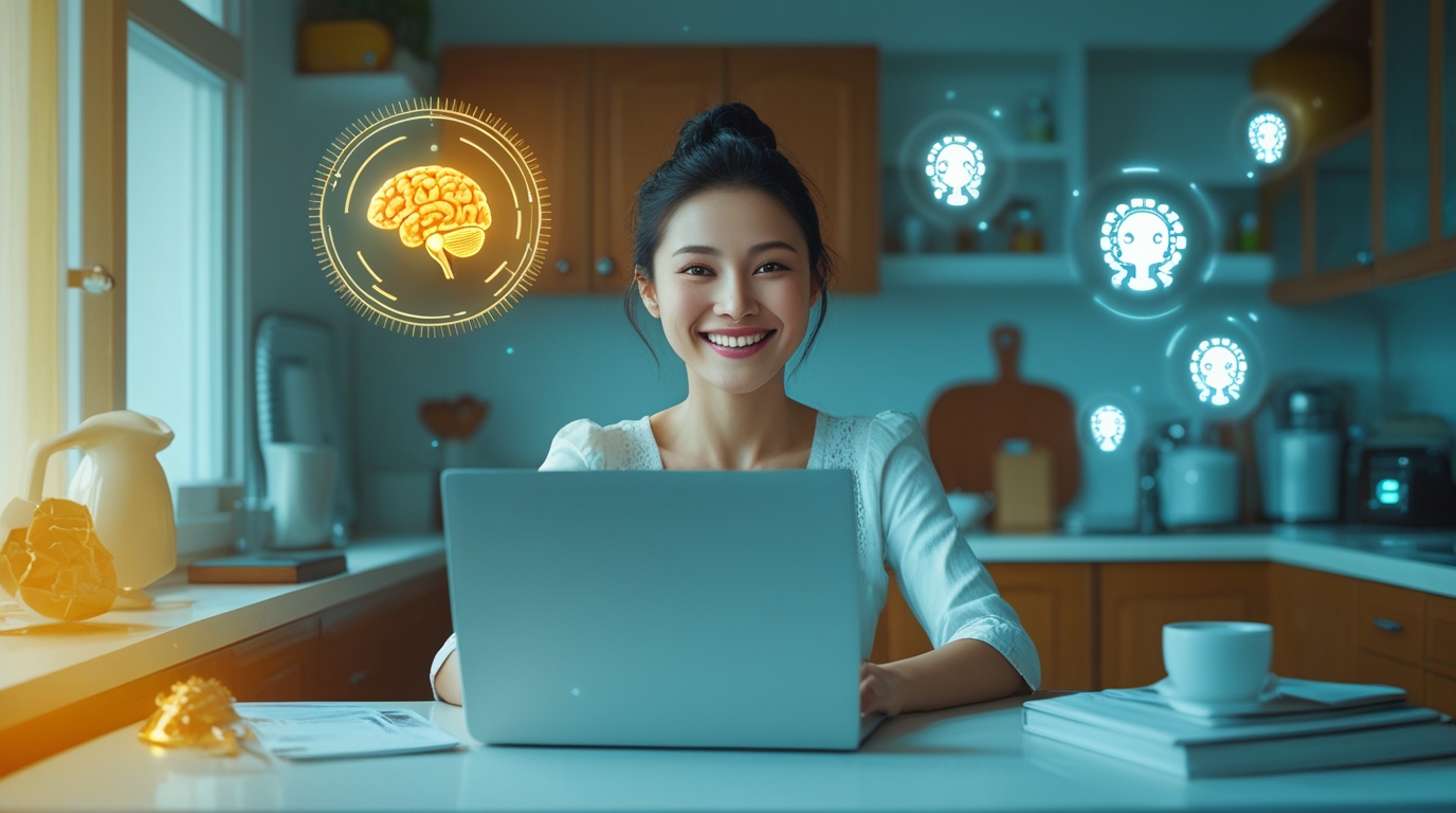 A confident woman smiling while working on her laptop from home, illustrating AI side hustles for housewives to earn a real income.AI side hustles for housewives