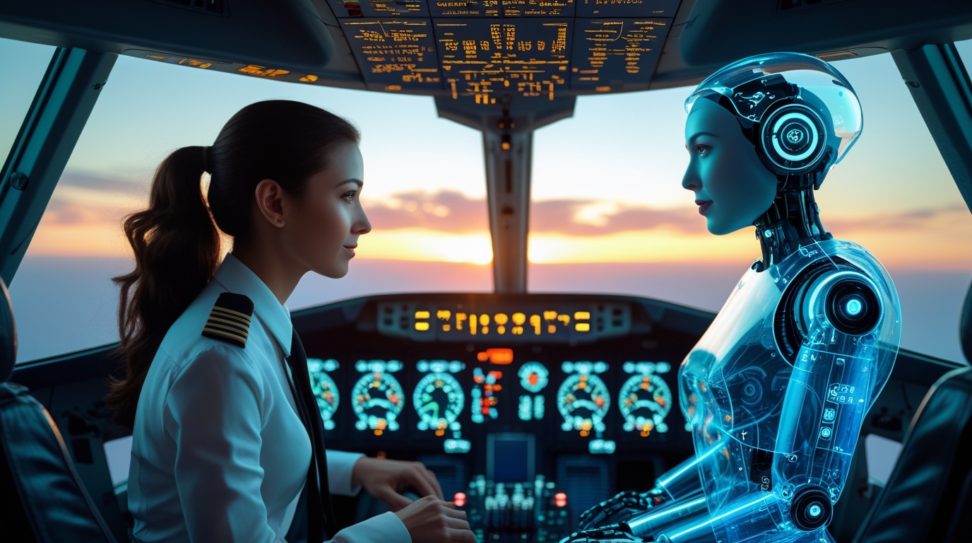 A human pilot and an AI co-pilot working together in a cockpit, symbolizing the end of the AI vs. humans debate and the beginning of the Co-Pilot Era.