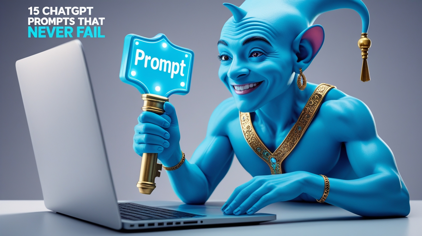 A friendly genie emerging from a laptop screen, holding a key that says "Prompt," illustrating the power of the 15 ChatGPT prompts that never fail.